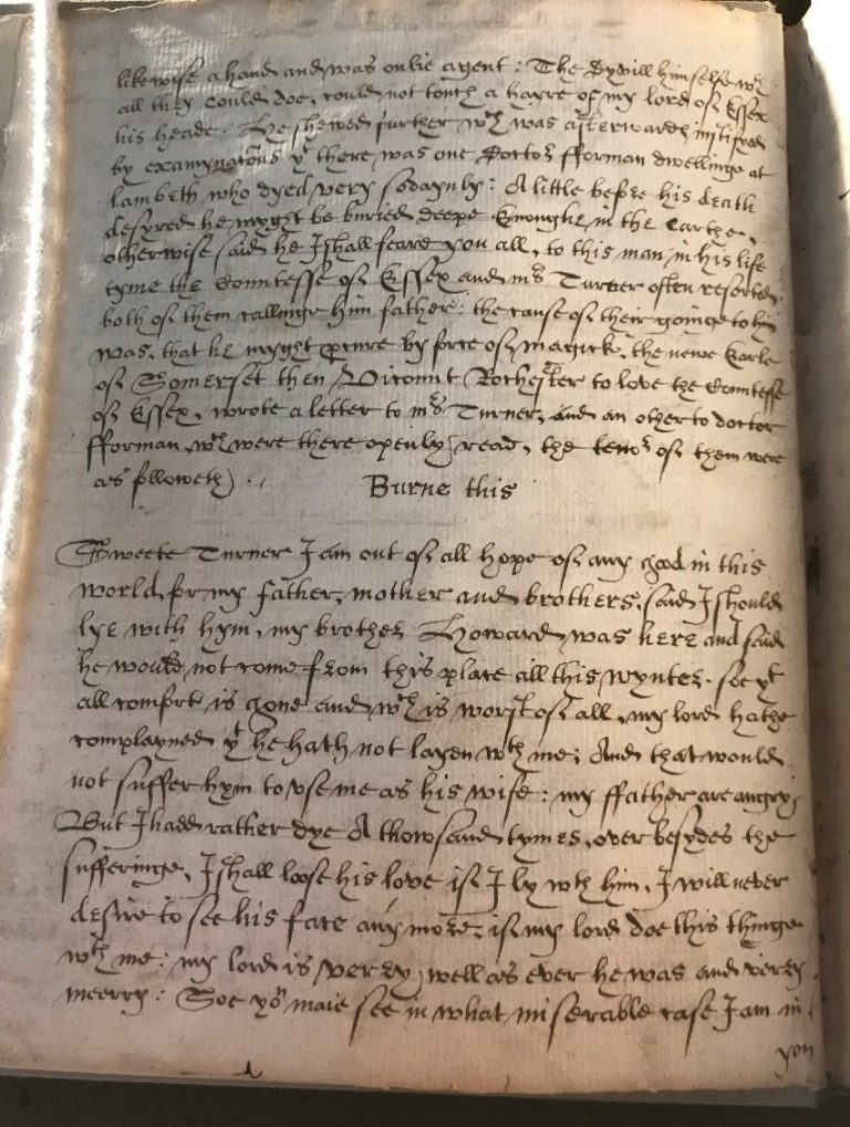 Figure 2: Manuscript transcription of the arraignment of Anne Turner, including Frances Howard’s letter to Turner.