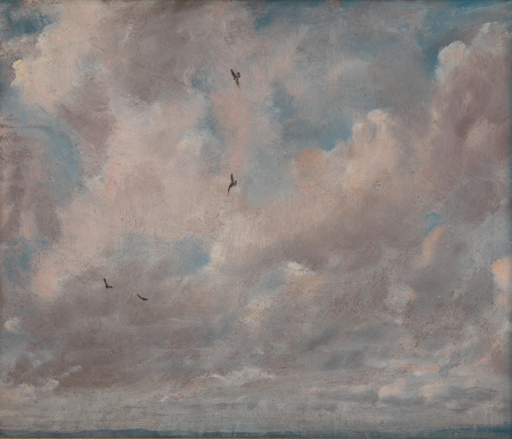 A painting of clouds over a blue sky, with some small birds flying through them.