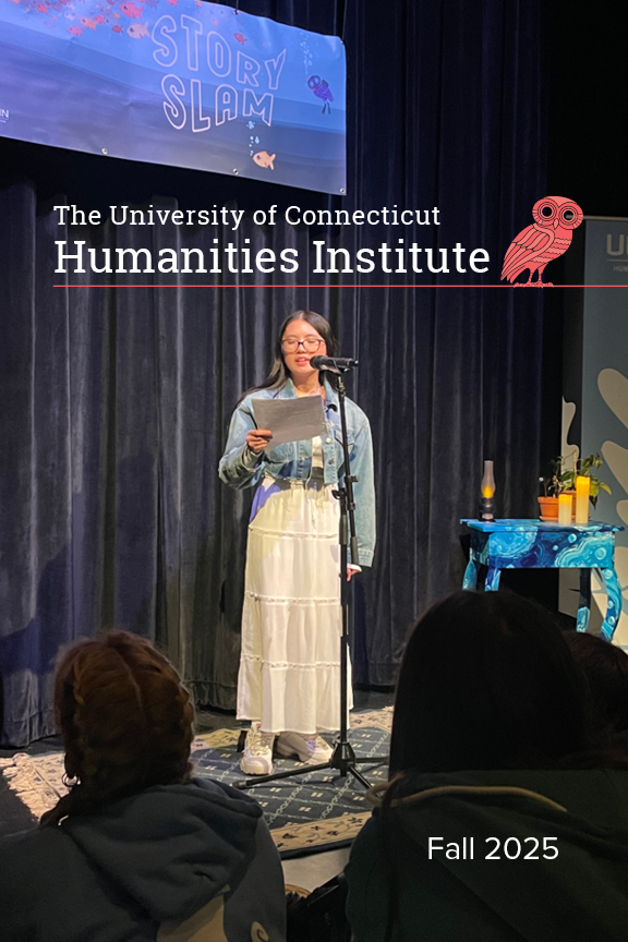 The cover of UCHI's Year in Review 2025 Booklet. The cover image is a photograph of one of the student storytellers at 2025 Story Slam.