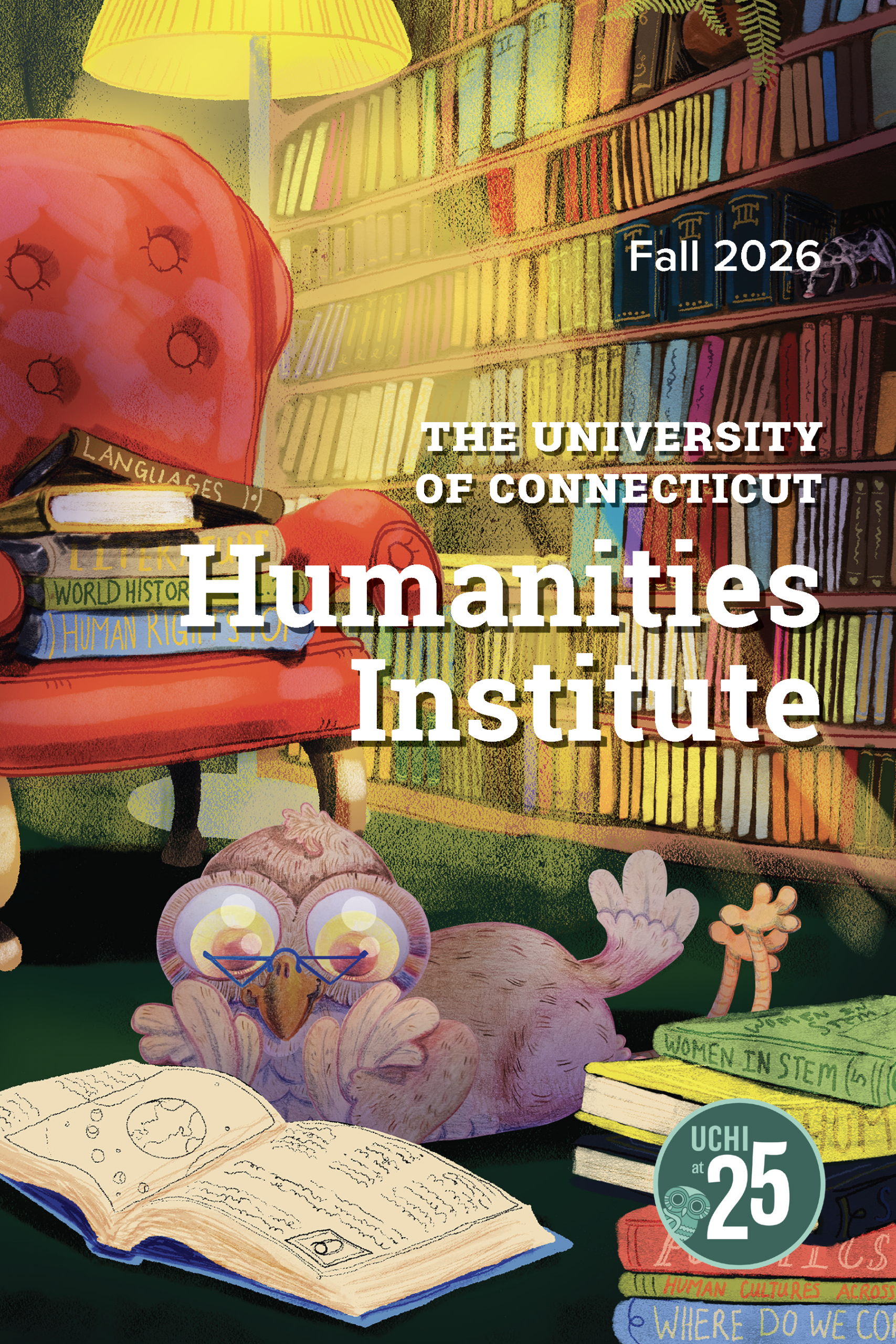 The cover of UCHI's Year in Review 2026 Booklet. The cover image is an illustration of an owl reading a book in a library.
