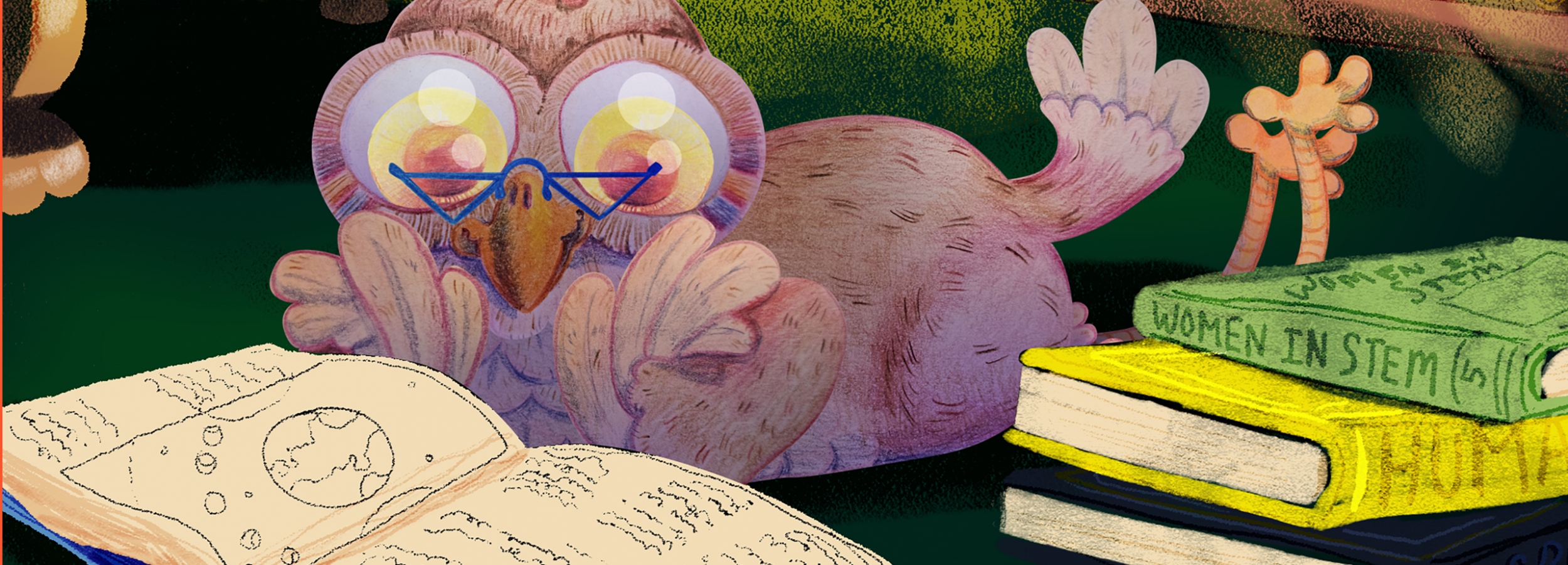 An illustration of an owl lying on the floor of a library, reading a book.